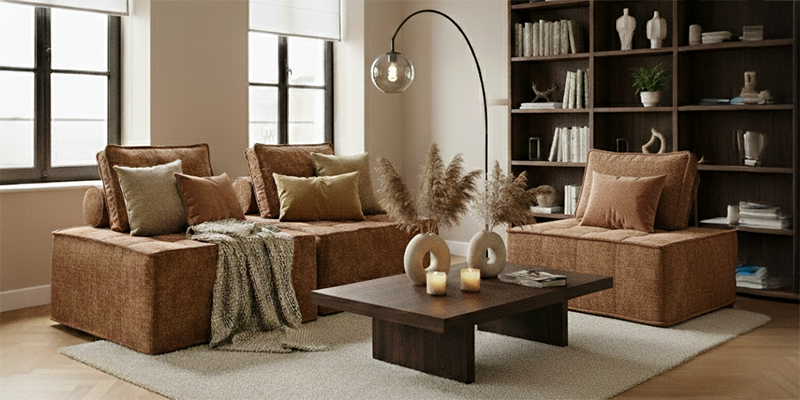 Sofá modular de tela con mesa de centro de madera en el centro